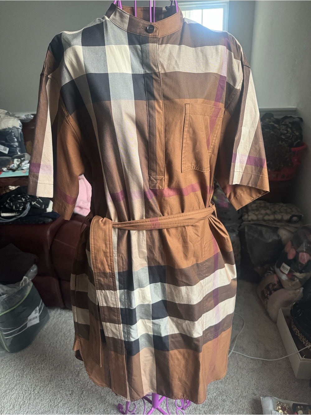 Burberry Brown Plaid Short-Sleeve Belted Midi Dress